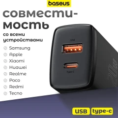 Сетевое зар. устр. Baseus Compact 20W EU 1USB/1C CCXJ-B01 черное
