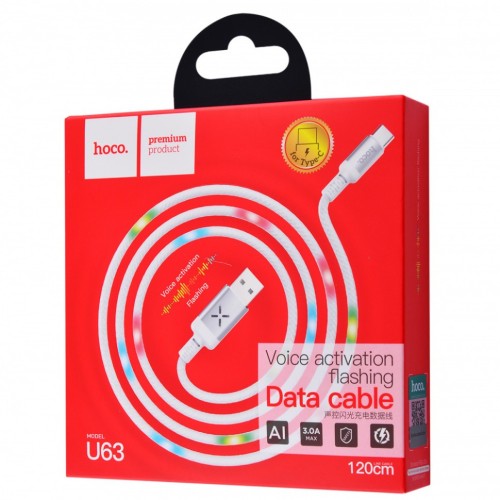 Usb Кабель-зарядка Type-C Hoco U63 Voice activation flashing 3A 1.2м армированный белый