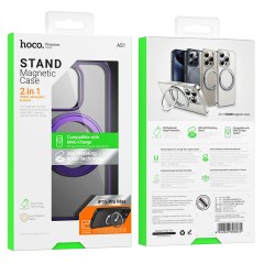 Накладка для i-Phone 15 Pro Max Hoco Stand Magnetic матово-прозрачный фиолетовый с кольцом 360°