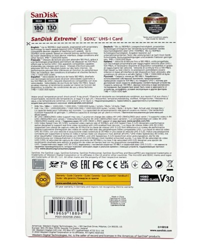 SDXC карта памяти Sandisk 256GB Extreme V30 UHS-I U3 (180 Mb/s) SDSDXVV-256G-GNCIN