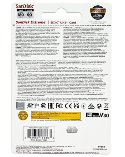 SDXC карта памяти Sandisk 128GB Extreme V30 UHS-I U3 (180 Mb/s) SDSDXVA-128G-GNCIN