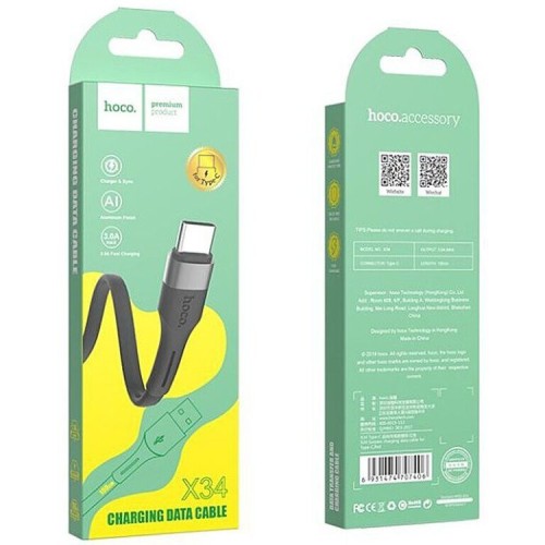 Usb Кабель-зарядка Type-C Hoco X34 Surpass 3A 1м плоский силиконовый чёрный