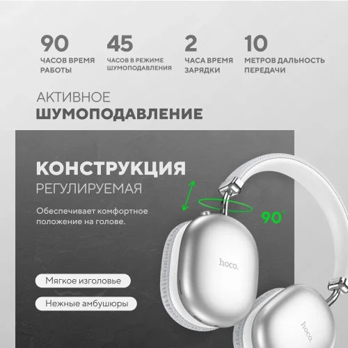 Стереонаушники Bluetooth полноразмерные Hoco W35 Max V5.3/45ч серебристые
