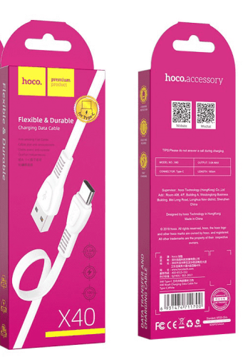 Usb Кабель-зарядка Type-C Hoco X40 Noah 3A 1м плоский силиконовый белый