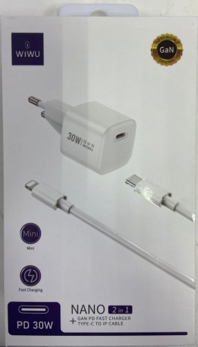 Сетевое зар. устр. WIWU GaN Wi-U006 c шнуром Type-C на Lightning 1C 30W белое