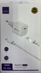 Сетевое зар. устр. WIWU GaN Wi-U006 c шнуром Type-C на Lightning 1C 30W белое