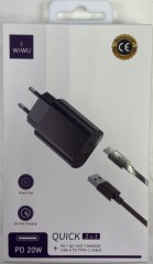 Сетевое зар. устр. WIWU Wi-U002 c шнуром Type-C 1USB/1C 20W черное