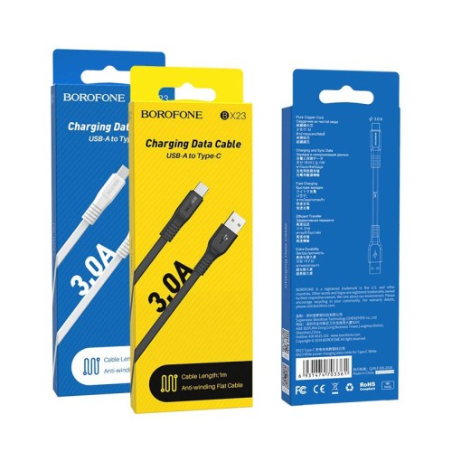 Usb Кабель-зарядка Type-C Borofone BX23 Wide power 3A 1м плоский силиконовый чёрный
