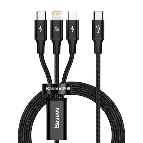 TYPE-C Кабель-зарядка Baseus Rapid Series 3-in-1 Type-C to C+L+C PD 20W 1.5m CAMLT-SC01 чёрный